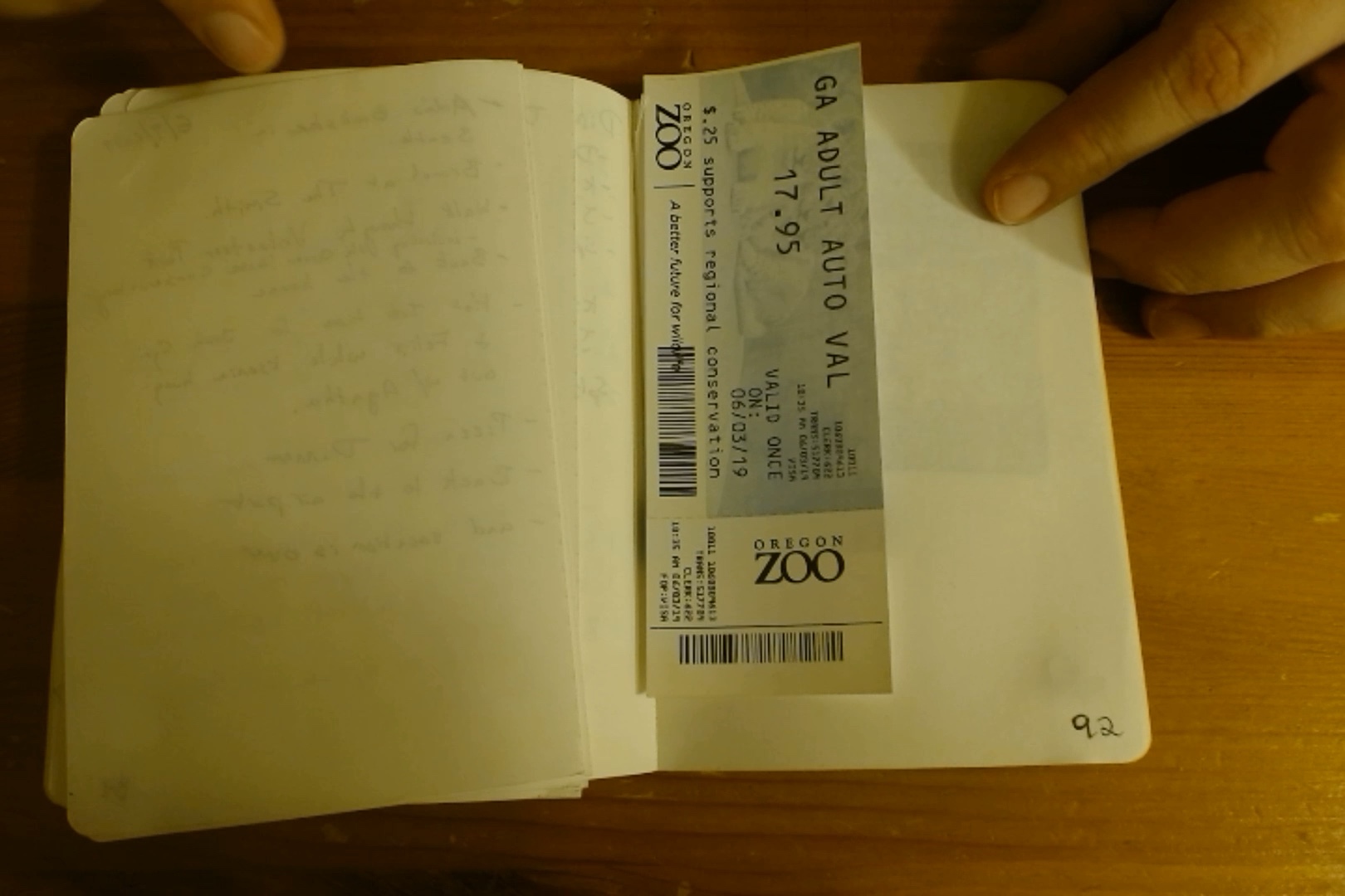 Oregon Zoo ticket dated June 3, 2019, kept on notebook page 92