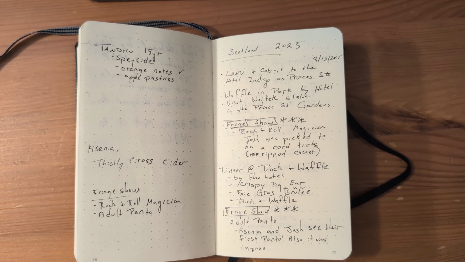 Notebook pages 78–79, August 13, 2025