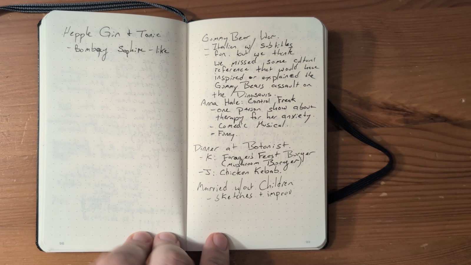 Notebook pages 98–99, August 17, 2025