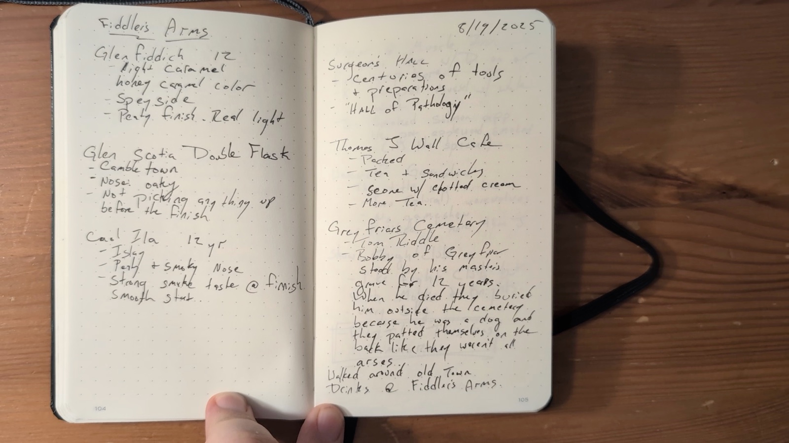 Notebook pages 104–105, August 19, 2025