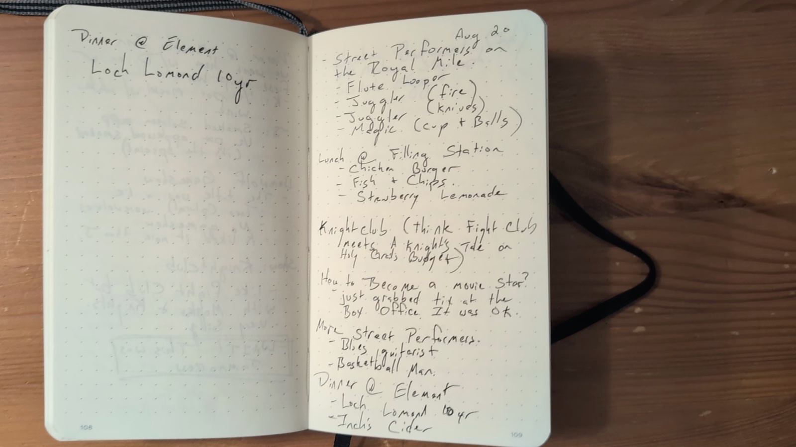 Notebook pages 108–109, August 20, 2025