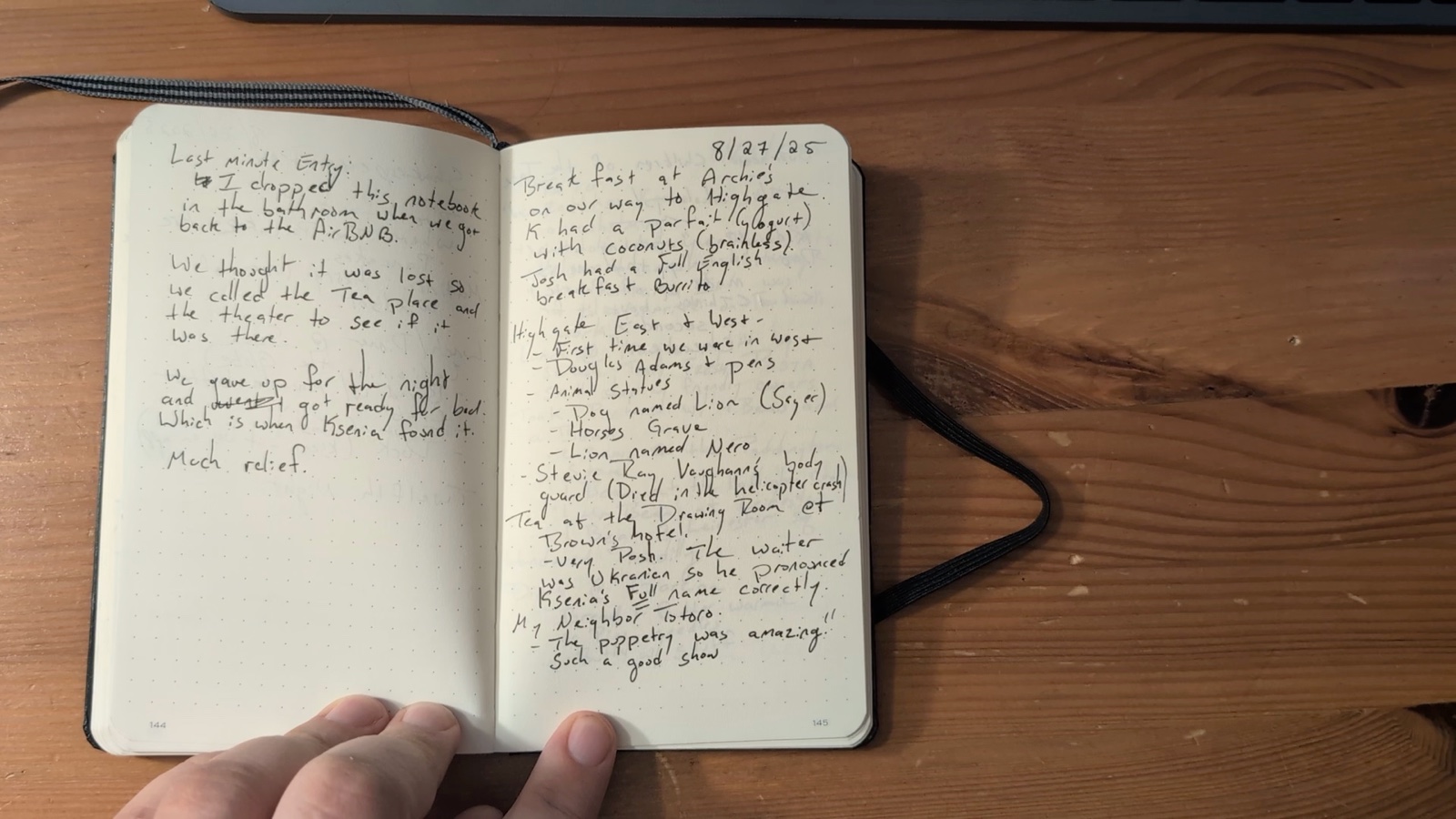 Notebook pages 144–145, August 27, 2025